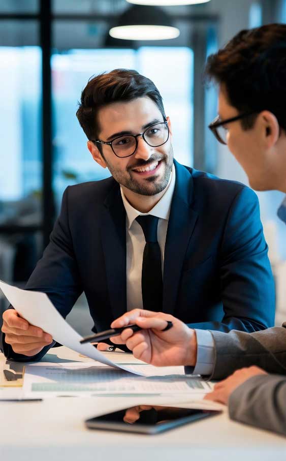 Business Financial Consultant Miami discussing financial documents with a client during a professional business meeting in a modern office