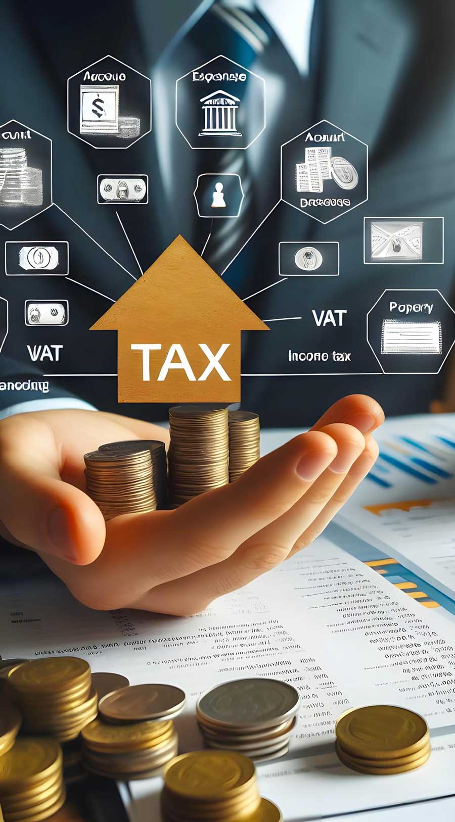 Hand holding stacked coins beneath a house-shaped TAX icon with financial charts, documents, and tax-related symbols in the background, illustrating income tax planning and compliance, Tax Preparation Miami